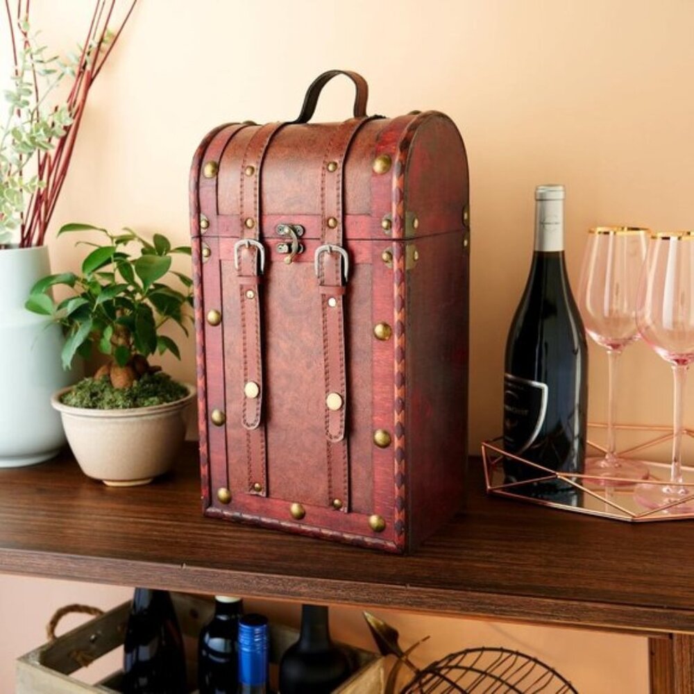 New Set for 2 Wine Bottles Antique Wooden Decorative Box with Lid & Handle